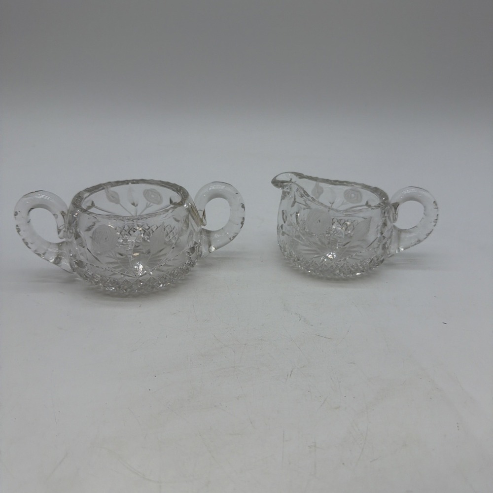 Creamer & Sugar Bowl Cut Glass Flower Frosted 8 Point Star Sawtooth Vintage Set